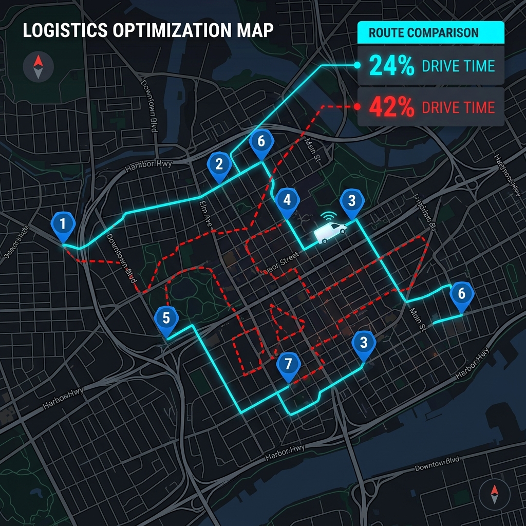 AI-optimized dispatch routing map showing reduced drive time for field technicians