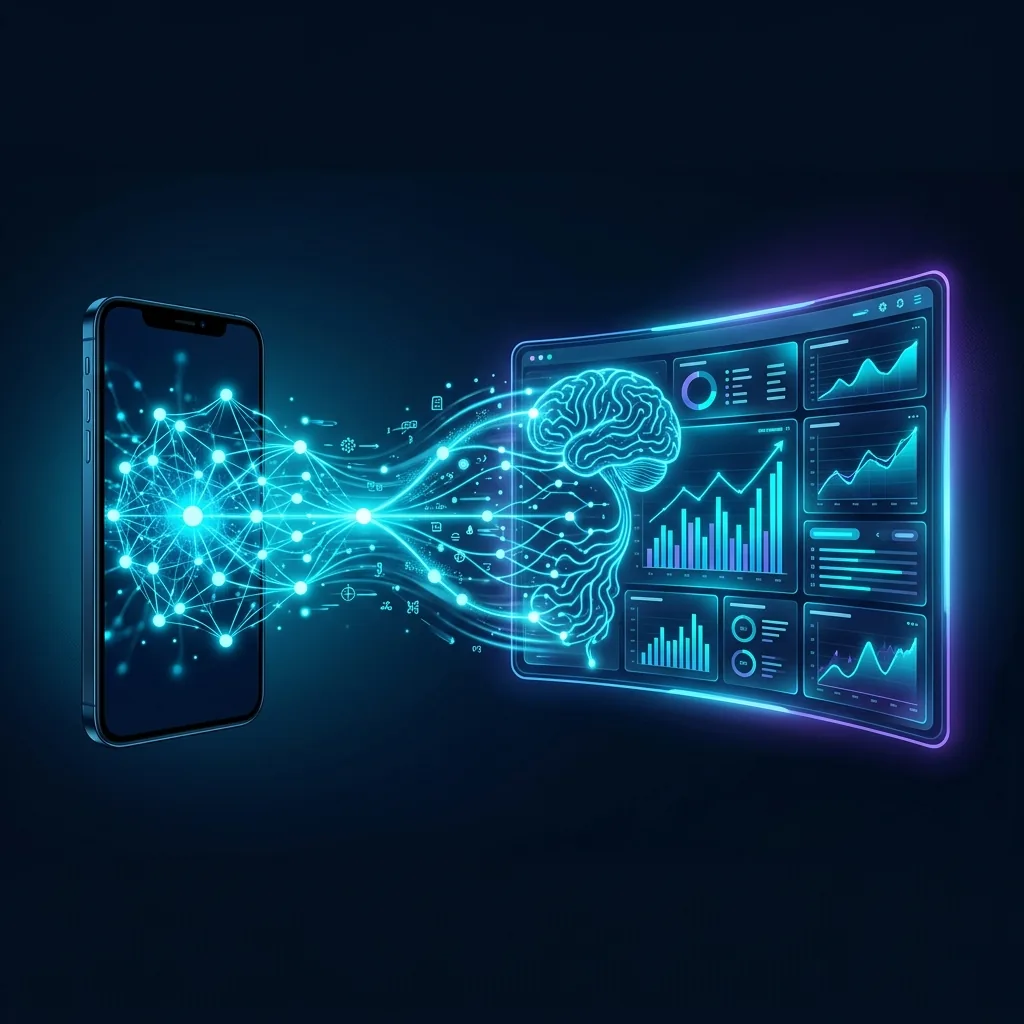 Neural network flowing from smartphone into CRM dashboard with business metrics
