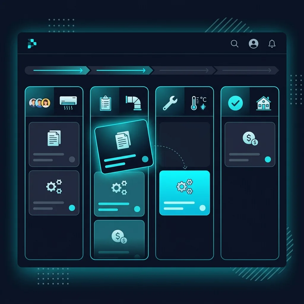 CRM pipeline visualization with HVAC-specific iconography and deal flow stages
