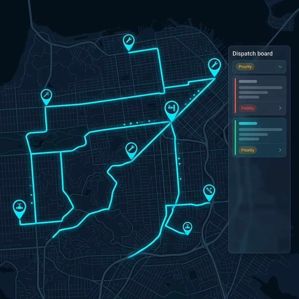 City map with optimized route lines connecting plumbing job locations with dispatch board overlay