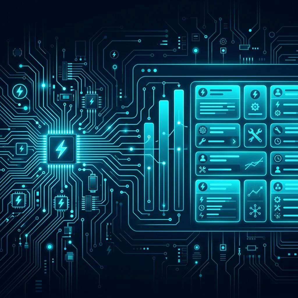 Circuit board patterns morphing into a modern field service management dashboard interface