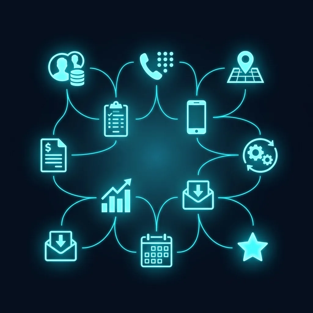 Holographic dashboard showing 10 integrated service business tools connected by data flows