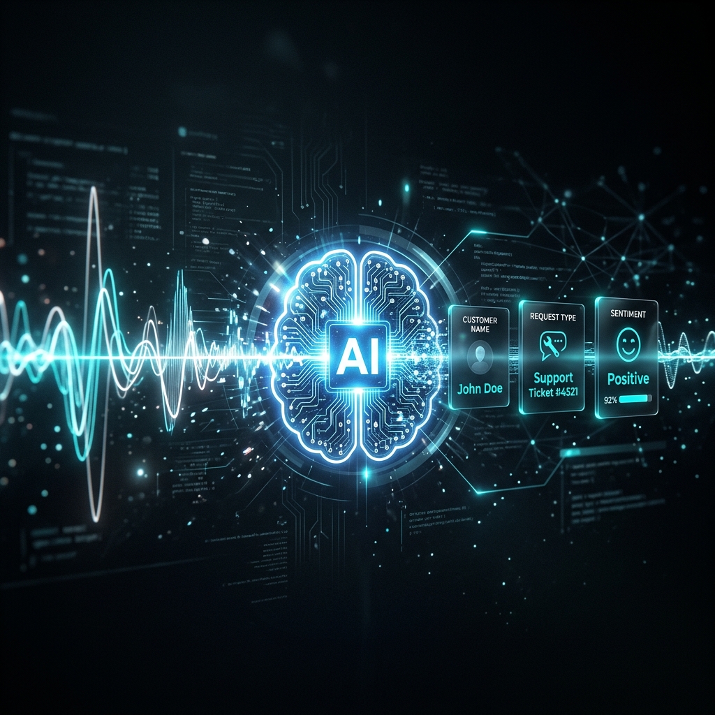 AI call transcription extracting customer data and action items from a phone conversation