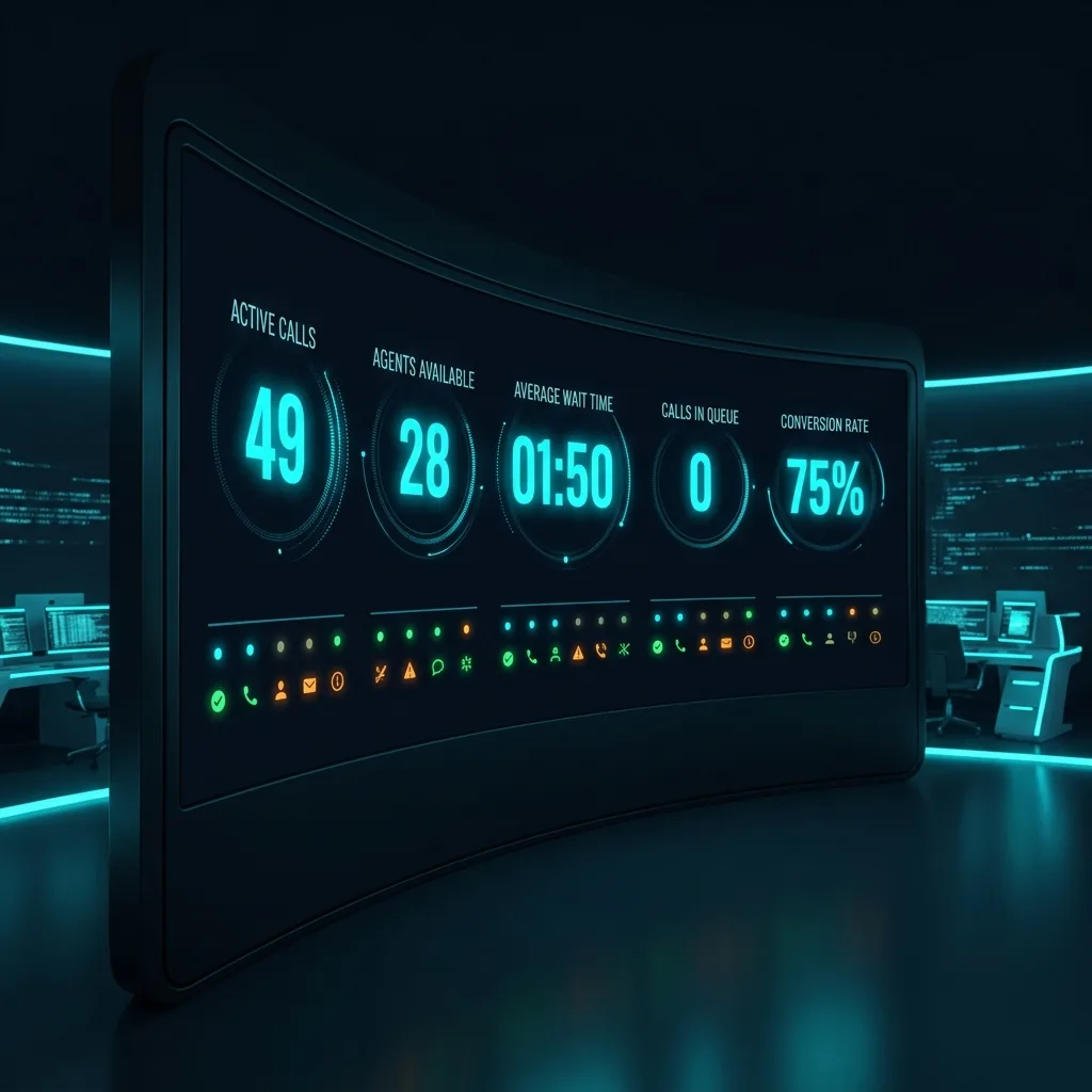 Digital wallboard showing real-time metrics for agents and queues