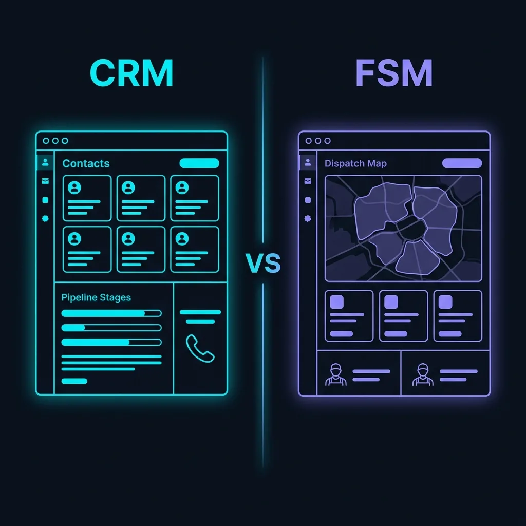 Split-screen comparison of CRM pipeline interface versus FSM dispatch interface
