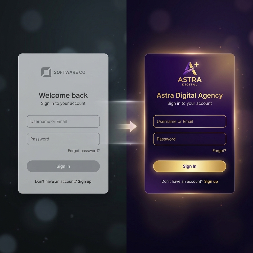 White-label software branding transformation showing generic to custom-branded platform