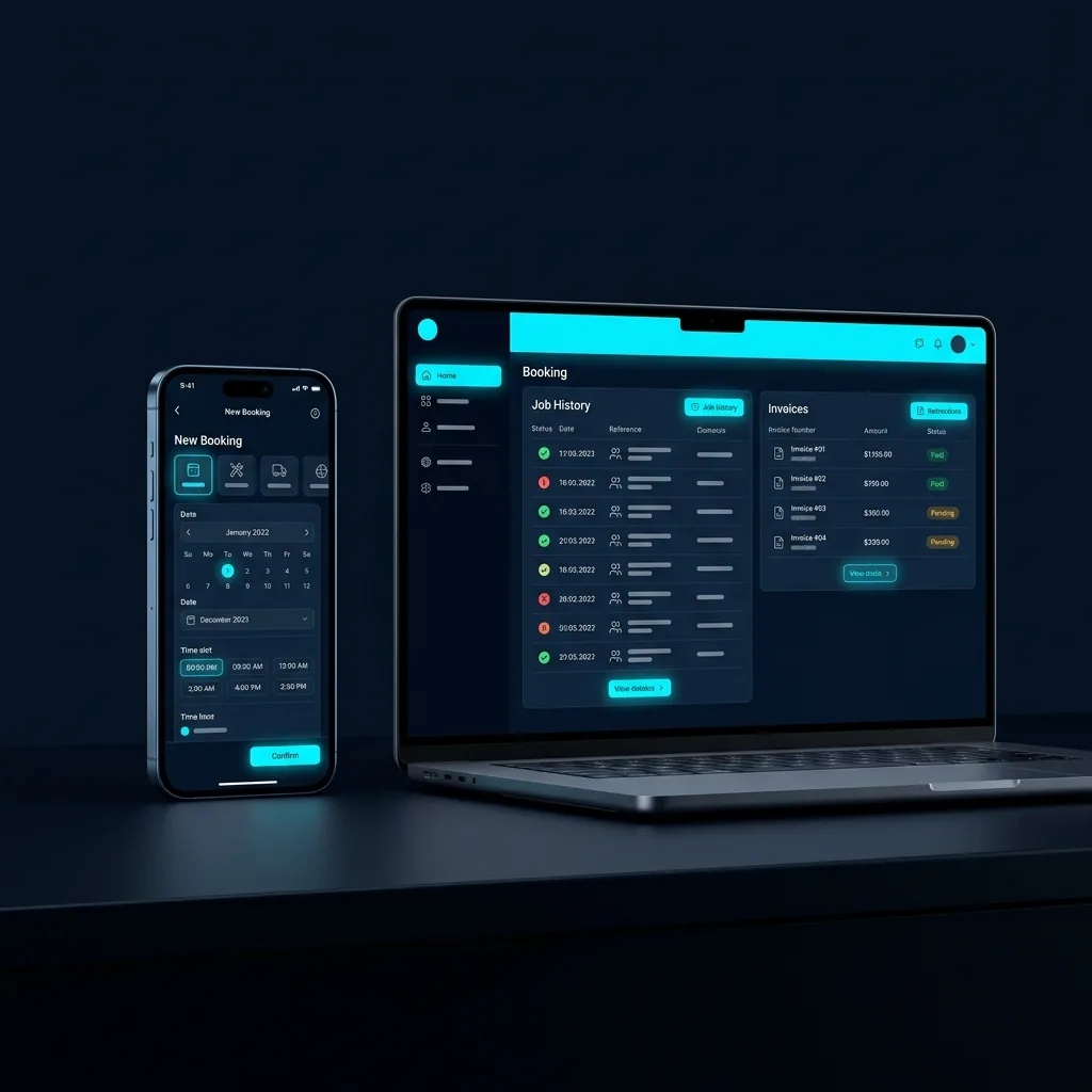Customer self-service portal on smartphone and laptop with booking and job history