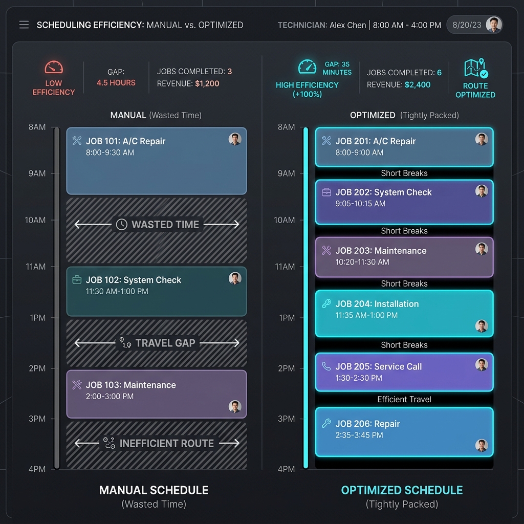 Before and after revenue comparison showing impact of dispatch optimization per technician