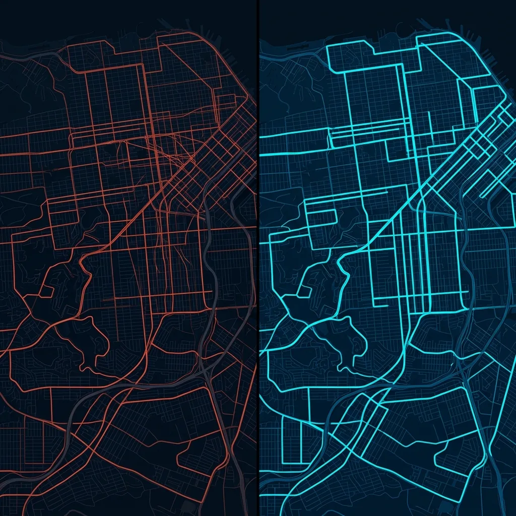 Map showing chaotic unoptimized routes versus clean clustered routes