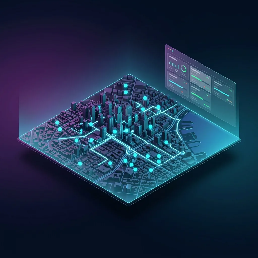 Futuristic dispatch control center with holographic city map and GPS tracking dots