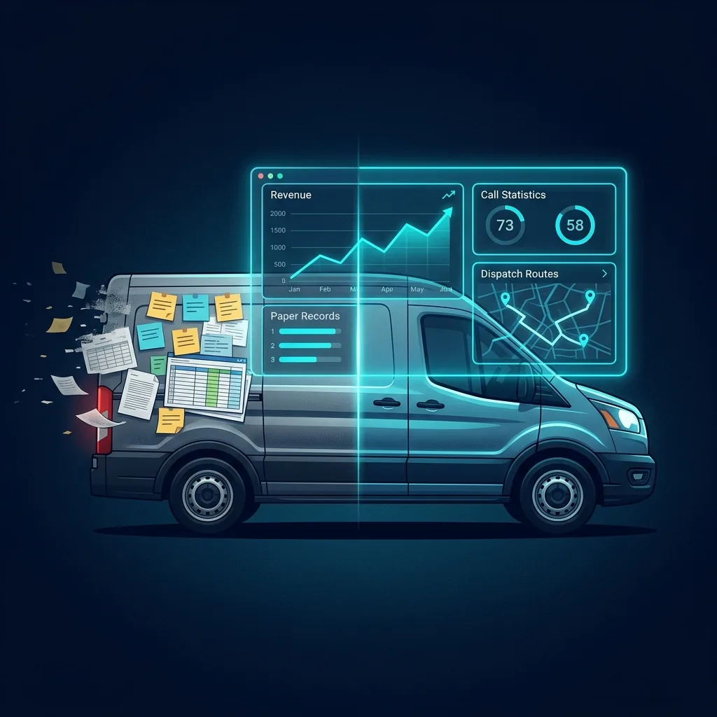 Before and after visualization of HVAC company transitioning from cluttered tools to a unified digital dashboard