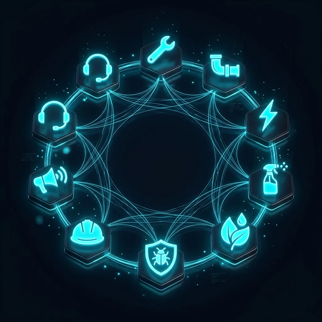 Nine industry icons connected by glowing cyan threads on a dark background