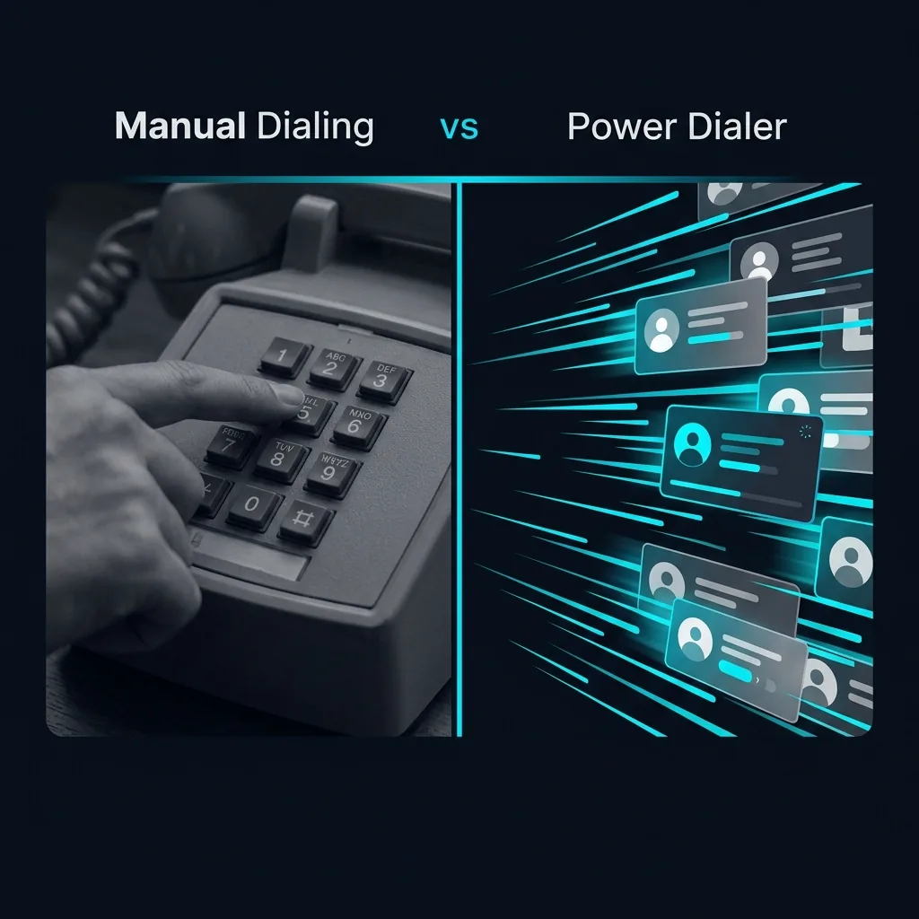 Split screen contrasting slow manual dialing against fast automated dialing