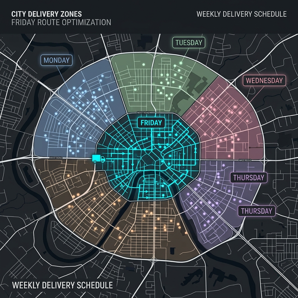 Pest control recurring route optimization map showing zone-based geographic scheduling
