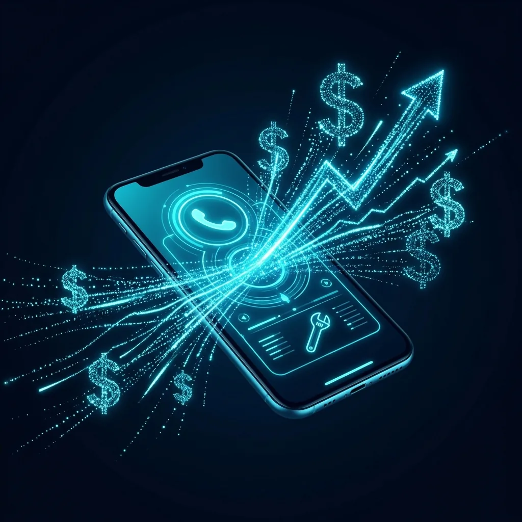 Auto-dialer smartphone interface with call statistics flowing into revenue data visualizations