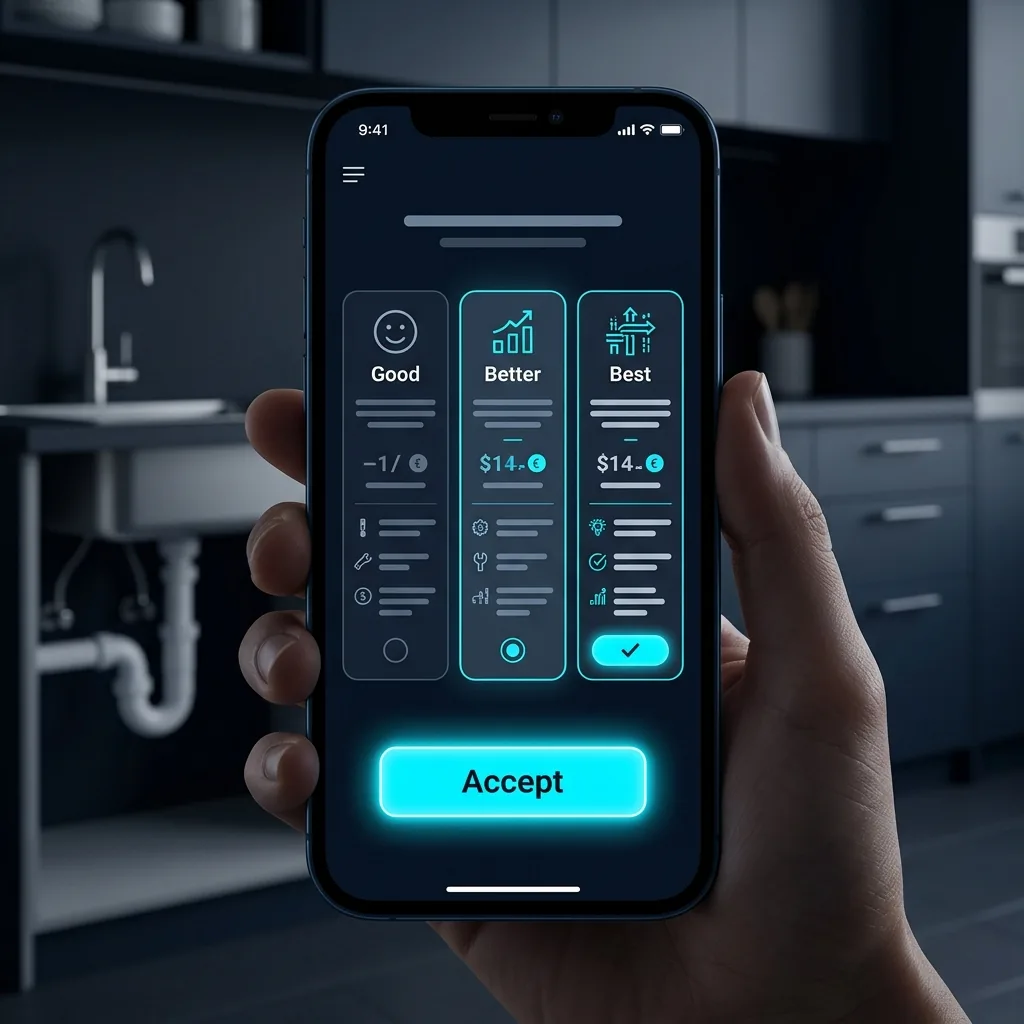 Mobile phone showing good better best plumbing quote options
