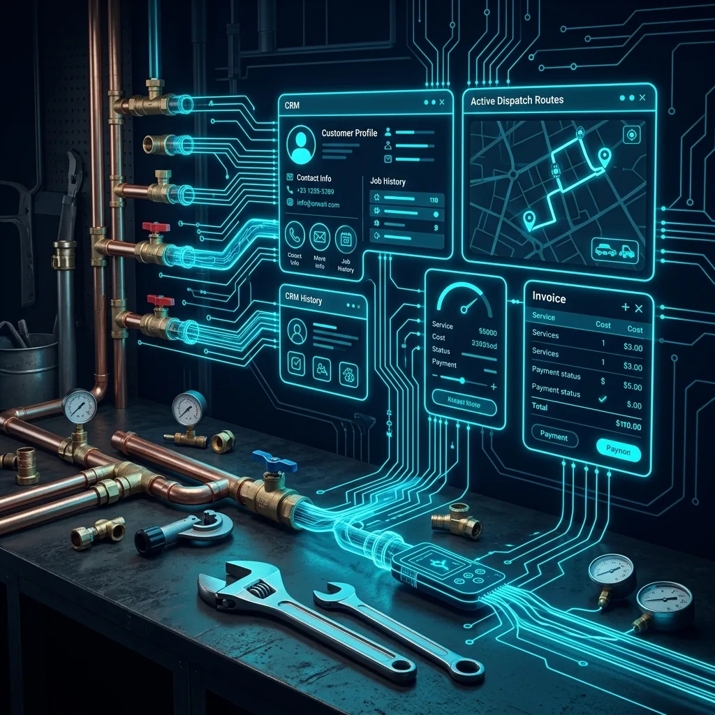 Plumbing tools morphing into digital CRM interface with dispatch routes