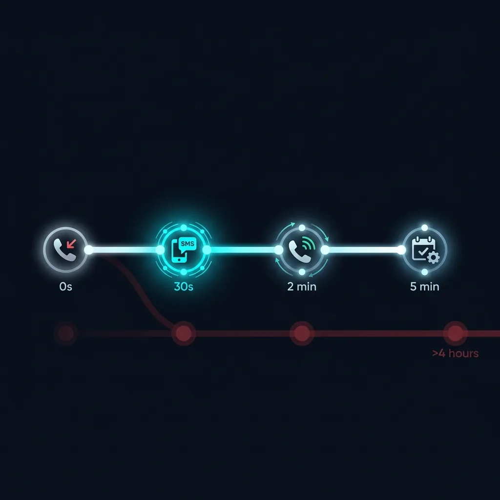 Timeline visualization showing lead response at 30 seconds vs competitor at 4+ hours