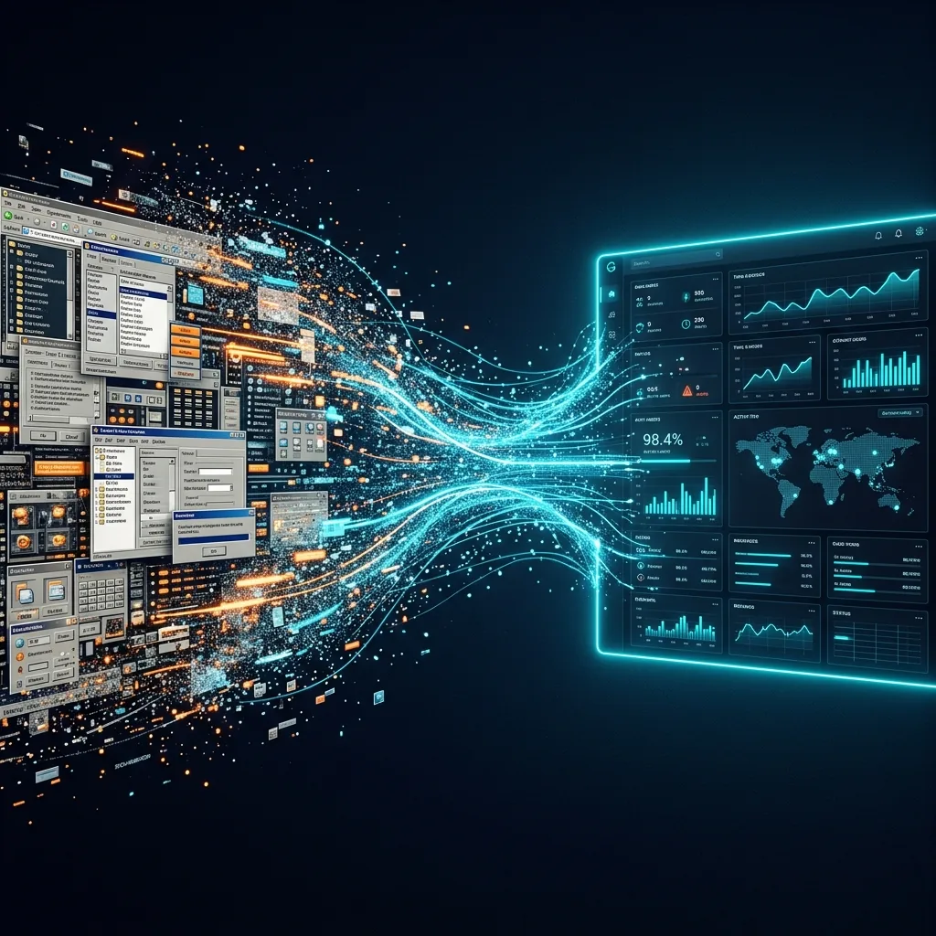 Complex old interface dissolving and reassembling into a clean modern dashboard