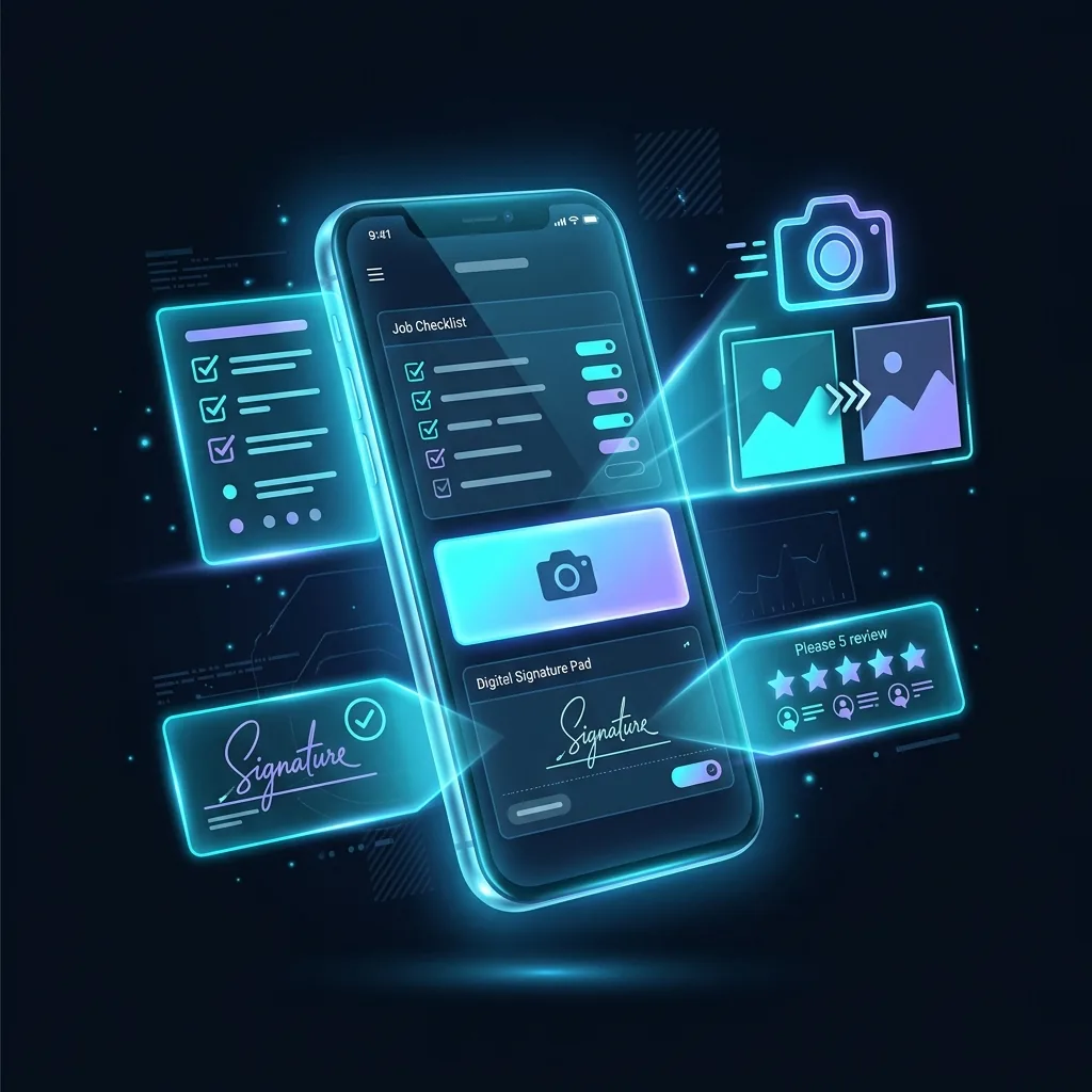 Field technician smartphone with checklist, photo capture, digital signature, and review request