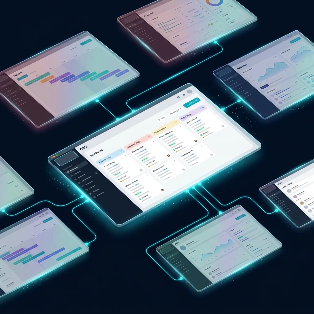 Multiple branded agency portal mockups floating on dark background with cyan connecting lines